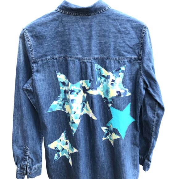 Women’s Star Denim Shirt, M (8-10): Upcycled Handmade Appliqued Stars Front/Back - Picture 1 of 11